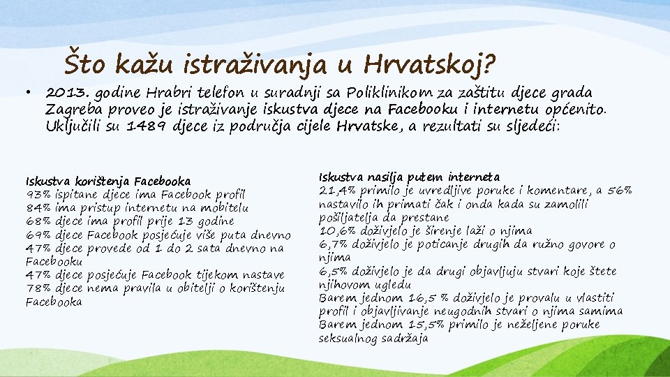 Što kažu istraživanja u Hrvatskoj? • 2013. godine Hrabri telefon u suradnji sa Poliklinikom