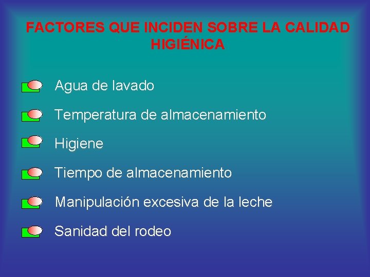 FACTORES QUE INCIDEN SOBRE LA CALIDAD HIGIÉNICA Agua de lavado Temperatura de almacenamiento Higiene