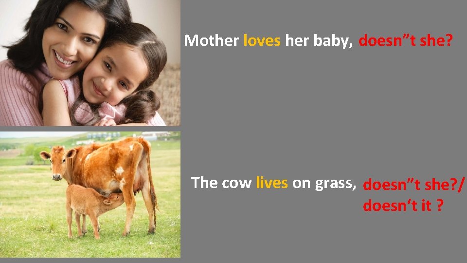 Mother loves her baby, doesn”t she? The cow lives on grass, doesn”t she? /