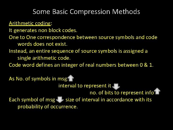 Some Basic Compression Methods Arithmetic coding: It generates non block codes. One to One