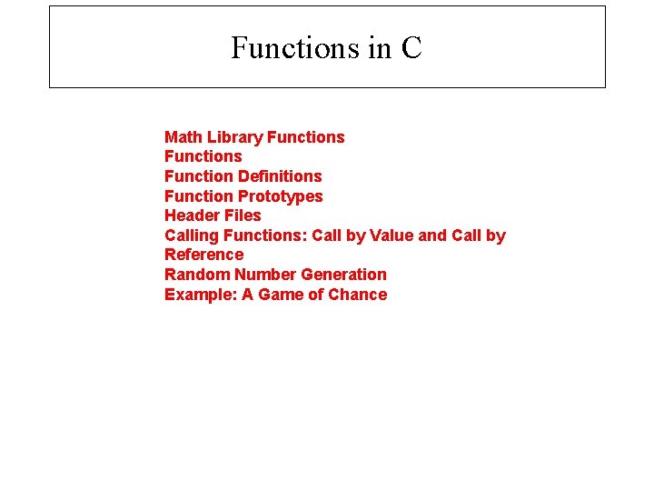 Functions in C Math Library Functions Function Definitions Function Prototypes Header Files Calling Functions: