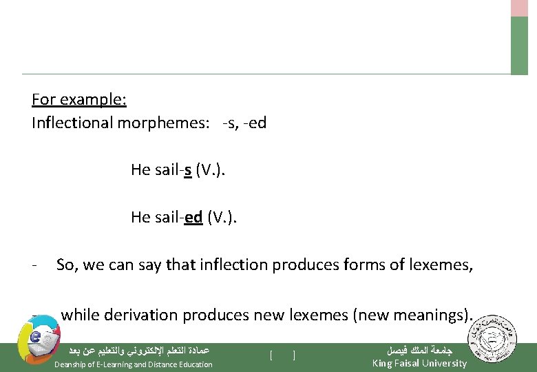 For example: Inflectional morphemes: -s, -ed He sail-s (V. ). He sail-ed (V. ).