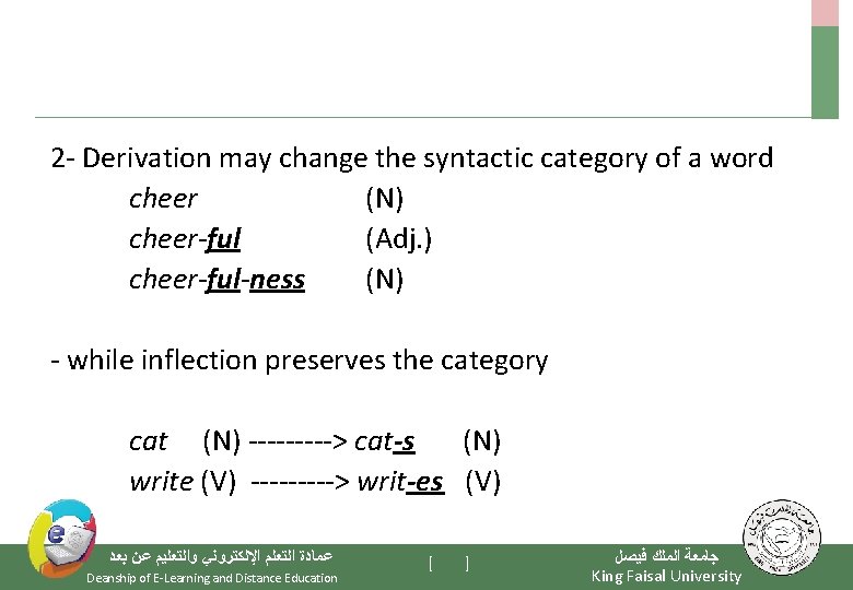 2 - Derivation may change the syntactic category of a word cheer (N) cheer-ful