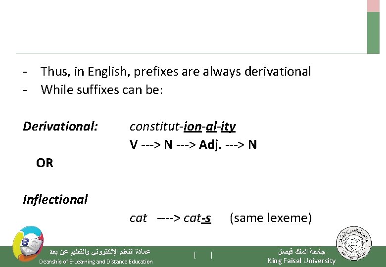 - Thus, in English, prefixes are always derivational - While suffixes can be: Derivational: