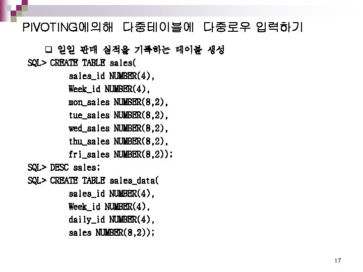 PIVOTING에의해 다중테이블에 다중로우 입력하기 q 일일 판매 실적을 기록하는 테이블 생성 SQL> CREATE TABLE