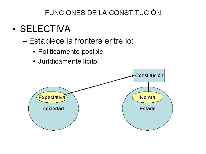 FUNCIONES DE LA CONSTITUCIÓN • SELECTIVA – Establece la frontera entre lo: • Políticamente