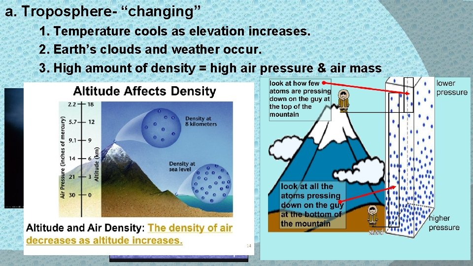 a. Troposphere- “changing” 1. Temperature cools as elevation increases. 2. Earth’s clouds and weather