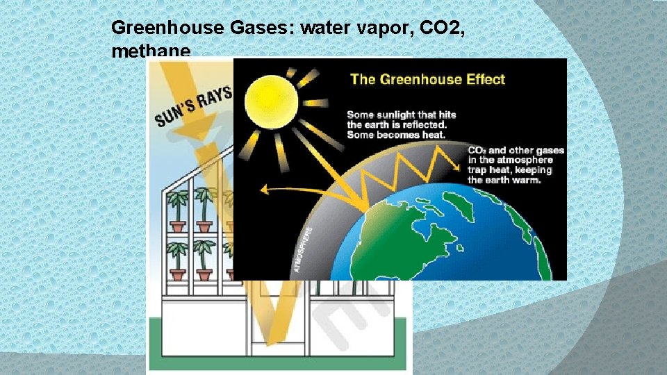 Greenhouse Gases: water vapor, CO 2, methane 