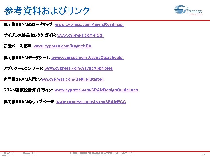 参考資料およびリンク 非同期SRAMのロードマップ: www. cypress. com/Async. Roadmap サイプレス製品セレクタ ガイド: www. cypress. com/PSG 知識ベース記事: www. cypress.