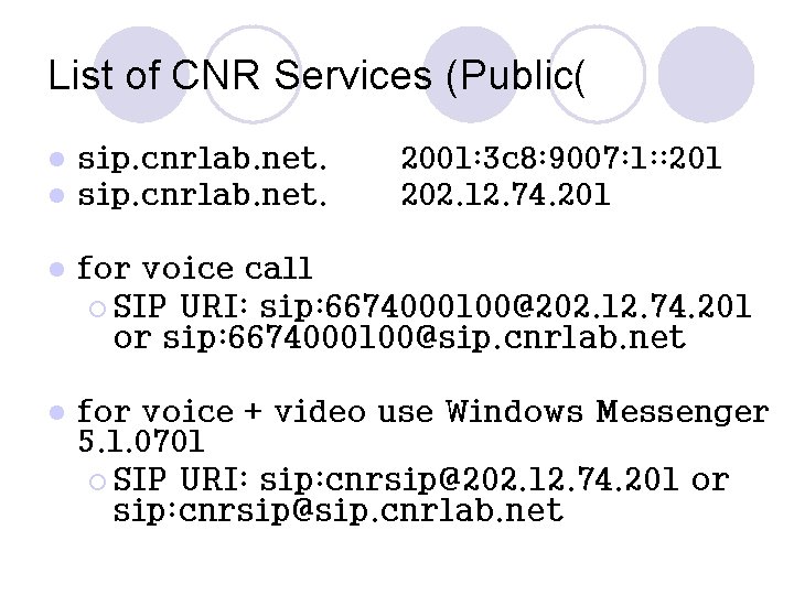 List of CNR Services (Public( l l sip. cnrlab. net. 2001: 3 c 8: