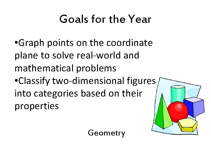 Goals for the Year • Graph points on the coordinate plane to solve real-world