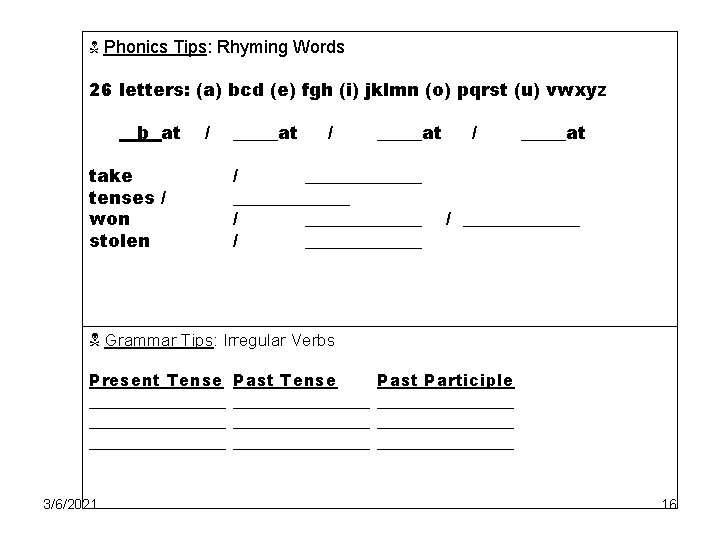 Phonics Tips: Rhyming Words 26 letters: (a) bcd (e) fgh (i) jklmn (o) Phonics Tips: Rhyming Words 26 letters: (a) bcd (e) fgh (i) jklmn (o)