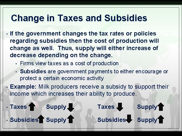 Change in Taxes and Subsidies • If the government changes the tax rates or