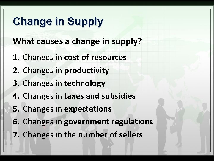 Change in Supply What causes a change in supply? 1. 2. 3. 4. 5.