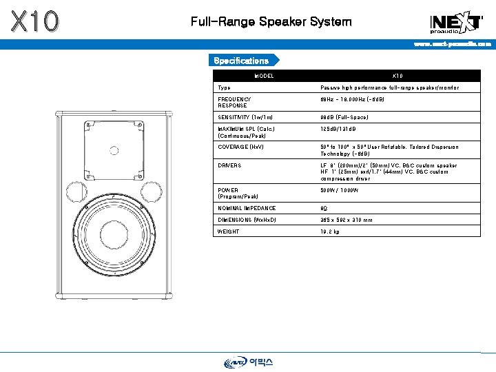 X 10 Full-Range Speaker System www. next-proaudio. com Specifications MODEL X 10 Type Passive