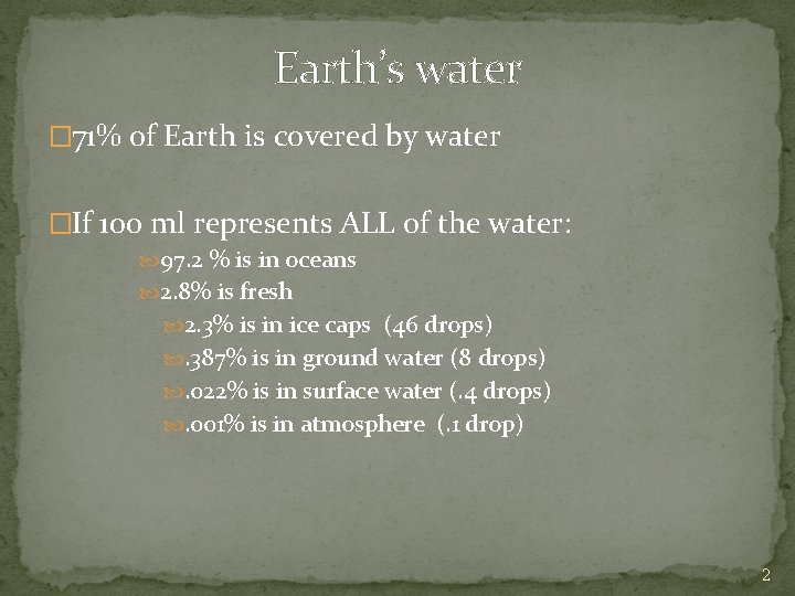 Earth’s water � 71% of Earth is covered by water �If 100 ml represents