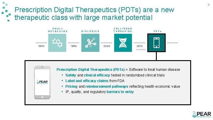 Prescription Digital Therapeutics (PDTs) are a new therapeutic class with large market potential SMALL