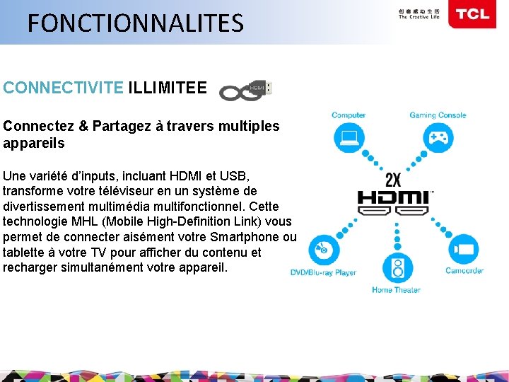 FONCTIONNALITES CONNECTIVITE ILLIMITEE Connectez & Partagez à travers multiples appareils Une variété d’inputs, incluant