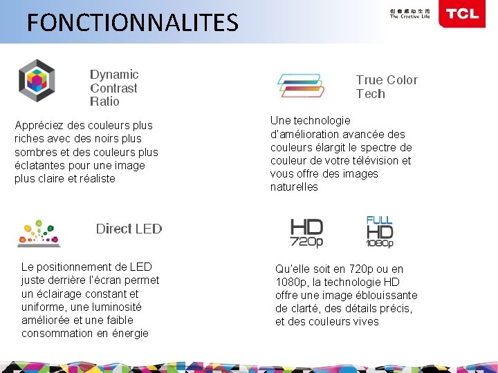 FONCTIONNALITES Appréciez des couleurs plus riches avec des noirs plus sombres et des couleurs