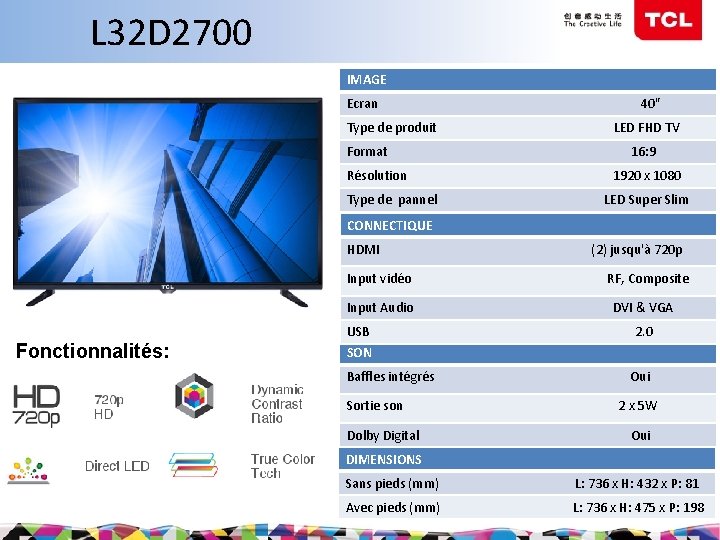 L 32 D 2700 IMAGE Ecran Type de produit Format Résolution Type de pannel