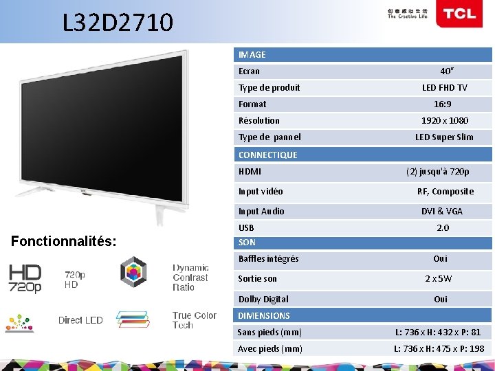 L 32 D 2710 IMAGE Ecran Type de produit Format Résolution Type de pannel