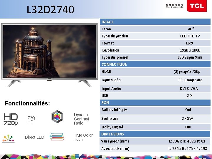 L 32 D 2740 IMAGE Ecran Type de produit Format Résolution Type de pannel