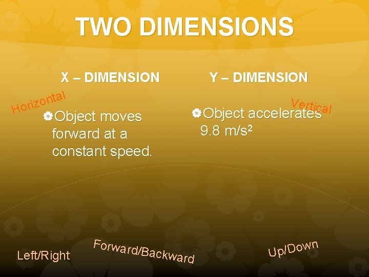 TWO DIMENSIONS X – DIMENSION al t n o oriz H Object moves Y