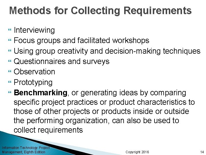 Methods for Collecting Requirements Interviewing Focus groups and facilitated workshops Using group creativity and