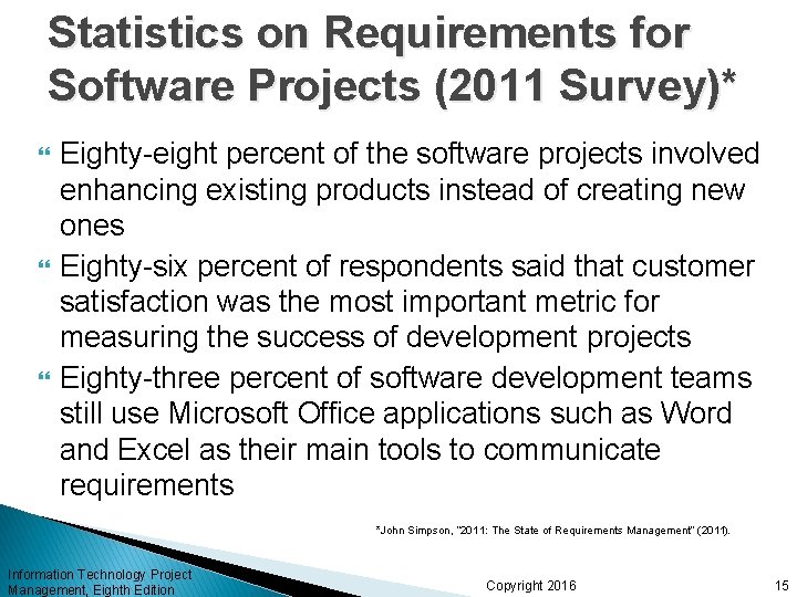 Statistics on Requirements for Software Projects (2011 Survey)* Eighty-eight percent of the software projects