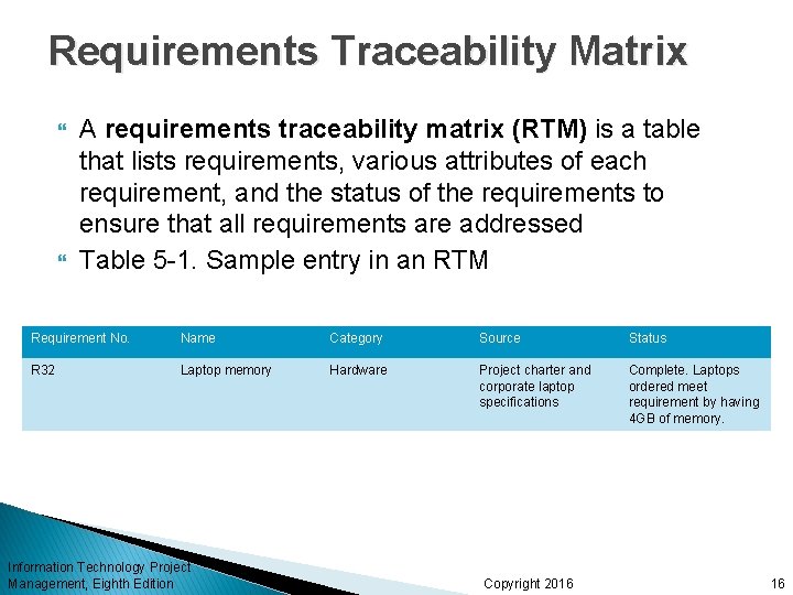 Requirements Traceability Matrix A requirements traceability matrix (RTM) is a table that lists requirements,