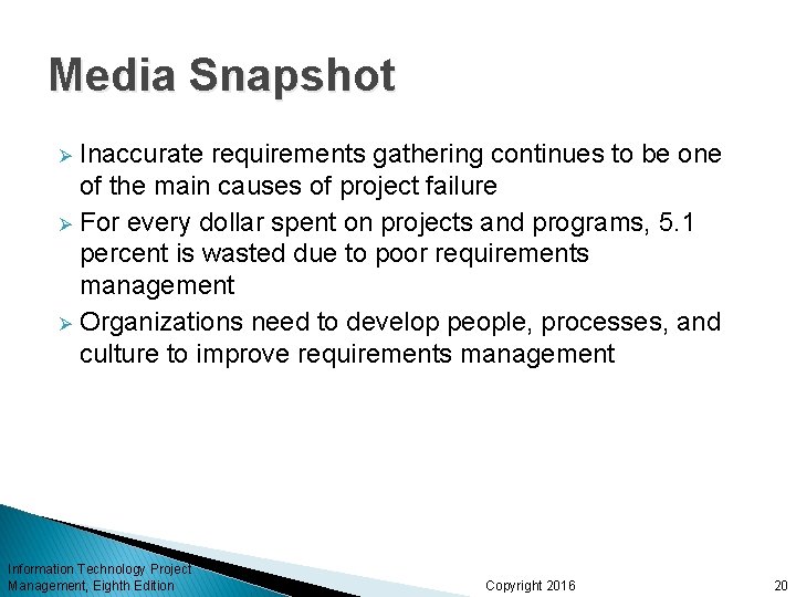 Media Snapshot Inaccurate requirements gathering continues to be one of the main causes of
