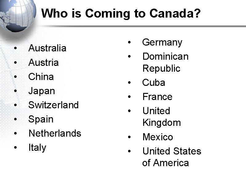 Who is Coming to Canada? • • Australia Austria China Japan Switzerland Spain Netherlands