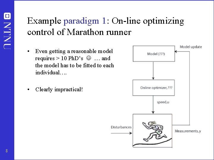 Example paradigm 1: On-line optimizing control of Marathon runner • Even getting a reasonable