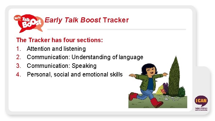 Early Talk Boost Tracker The Tracker has four sections: 1. Attention and listening 2.