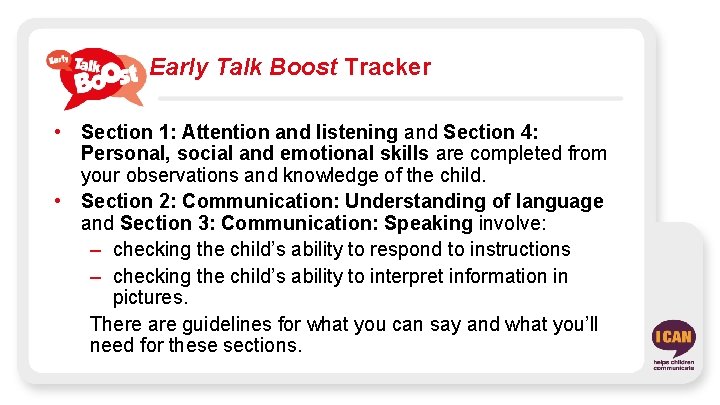 Early Talk Boost Tracker • Section 1: Attention and listening and Section 4: Personal,