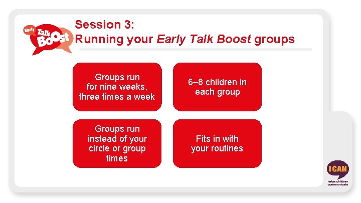 Session 3: Running your Early Talk Boost groups Groups run for nine weeks, three