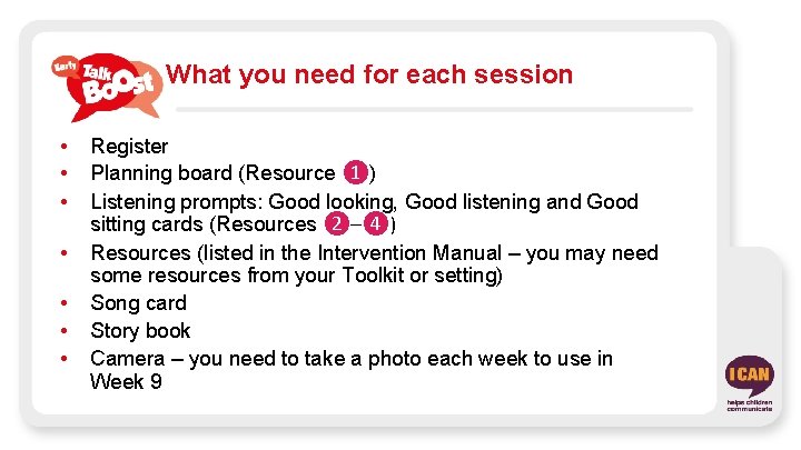 What you need for each session • • Register Planning board (Resource ❶) Listening