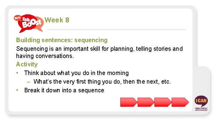 Week 8 Building sentences: sequencing Sequencing is an important skill for planning, telling stories