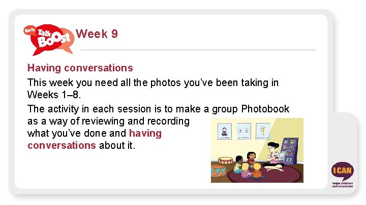 Week 9 Having conversations This week you need all the photos you’ve been taking