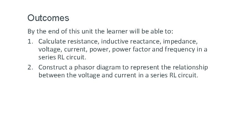 Outcomes By the end of this unit the learner will be able to: 1.