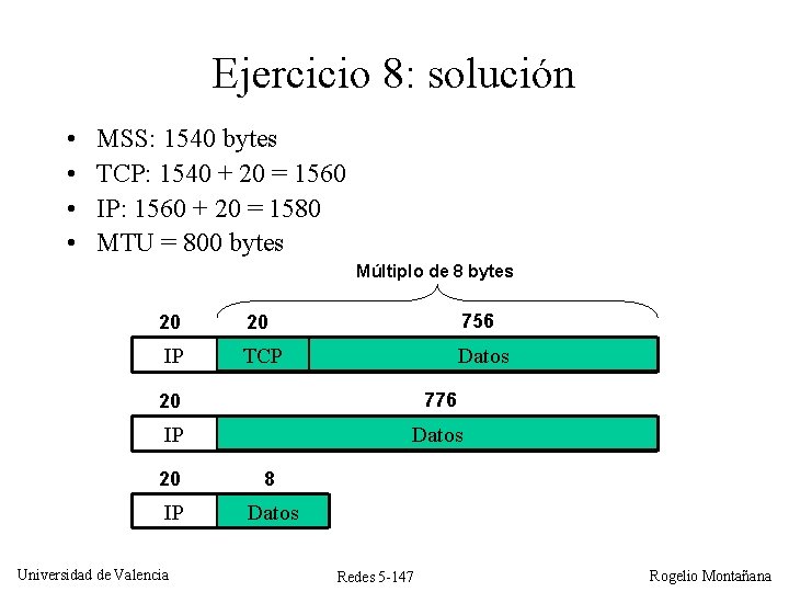 Ejercicio 8: solución • • MSS: 1540 bytes TCP: 1540 + 20 = 1560