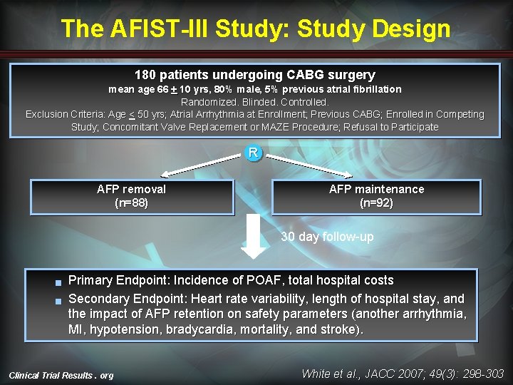 The AFIST-III Study: Study Design 180 patients undergoing CABG surgery mean age 66 + The AFIST-III Study: Study Design 180 patients undergoing CABG surgery mean age 66 +