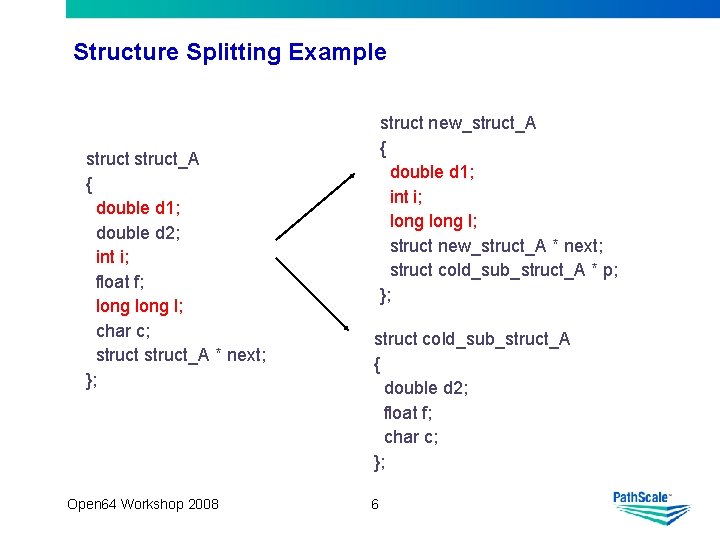 Structure Splitting Example struct_A { double d 1; double d 2; int i; float