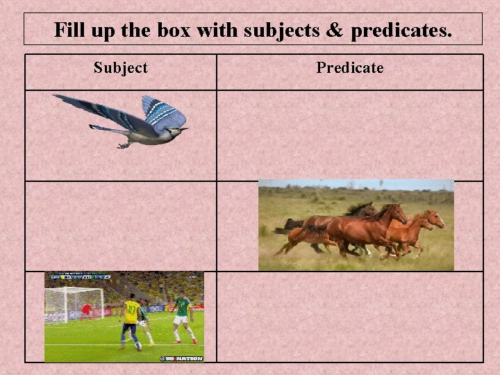 Fill up the box with subjects & predicates. Subject Predicate 