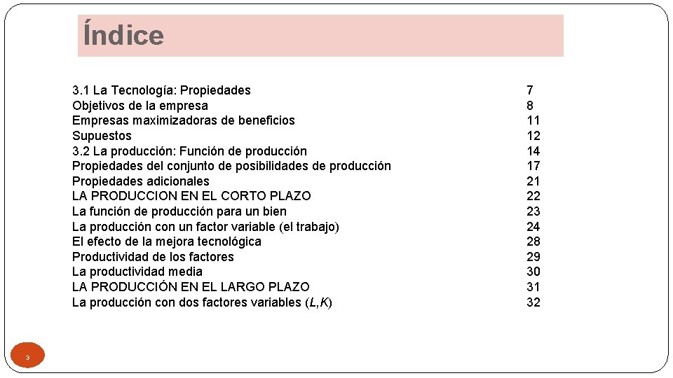Índice 3. 1 La Tecnología: Propiedades Objetivos de la empresa Empresas maximizadoras de beneficios