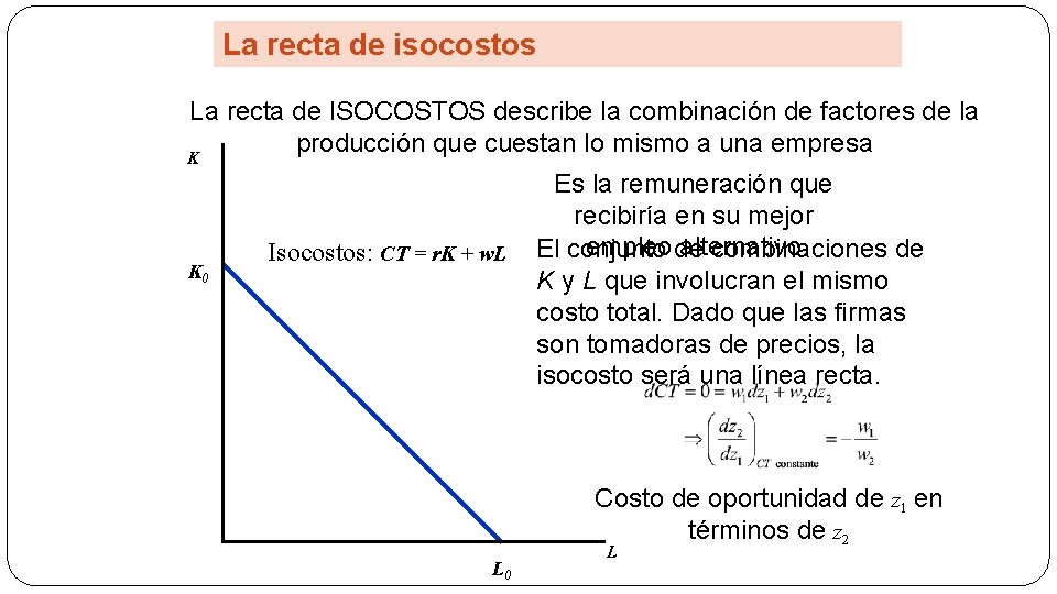 La recta de isocostos La recta de ISOCOSTOS describe la combinación de factores de