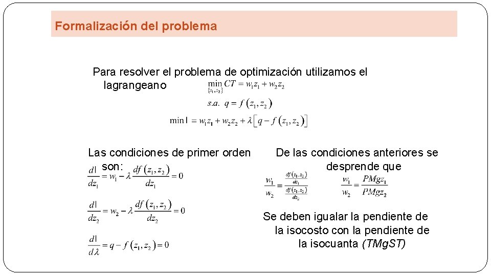 Formalización del problema Para resolver el problema de optimización utilizamos el lagrangeano Las condiciones