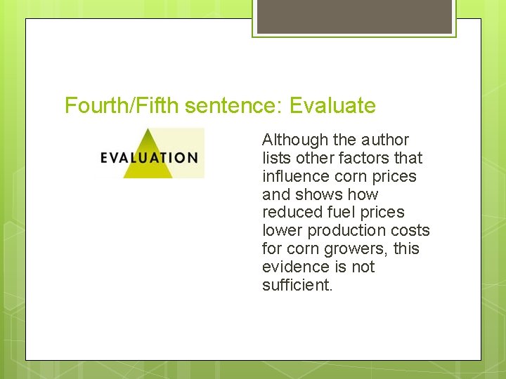 Fourth/Fifth sentence: Evaluate Although the author lists other factors that influence corn prices and