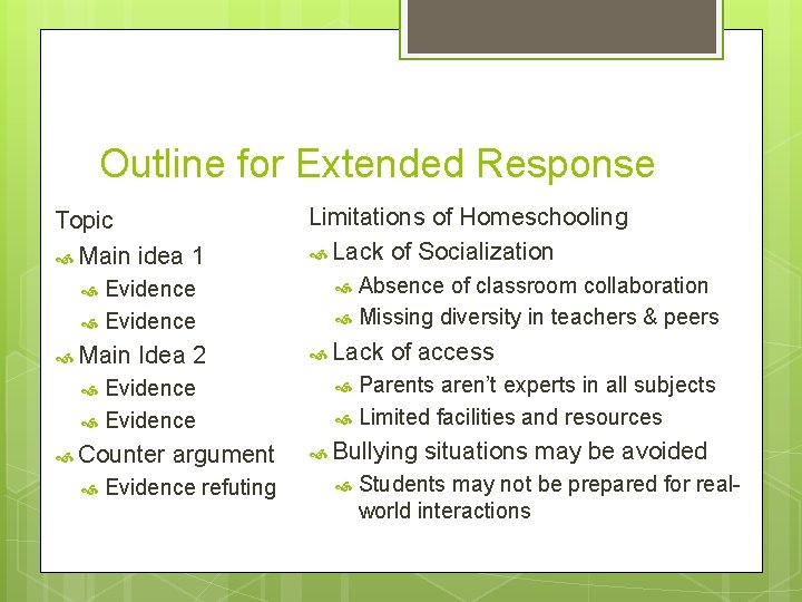Outline for Extended Response Topic Main idea 1 Evidence Main Idea 2 Evidence Counter