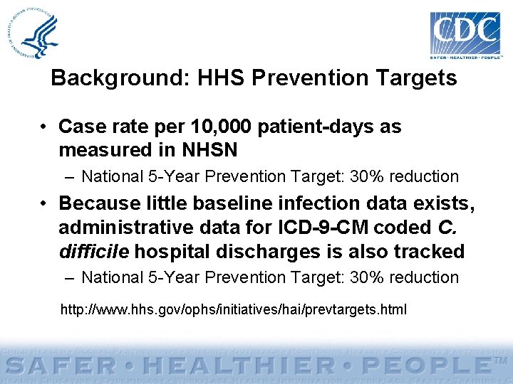 Background: HHS Prevention Targets • Case rate per 10, 000 patient-days as measured in